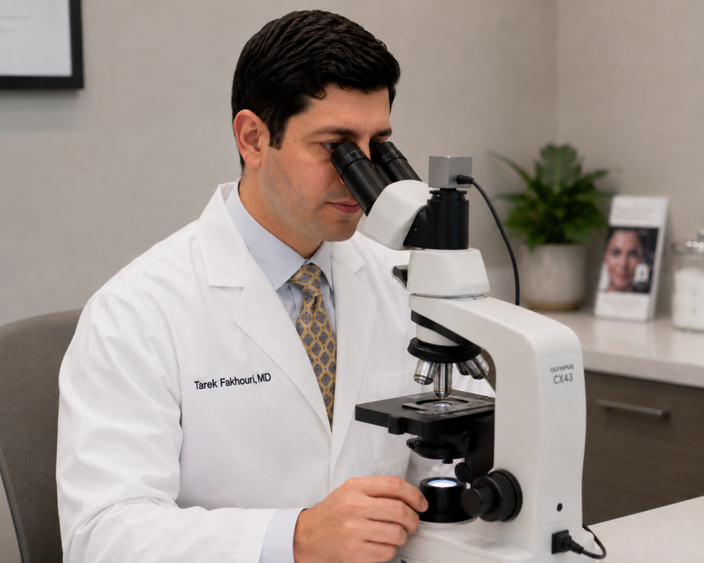 Dr. Tarek Fakhouri examing tissue under a microscope for Mohs skin cancer surgery